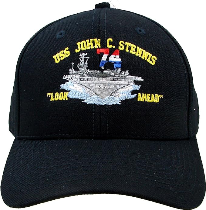 USS John C. Stennis Look Ahead Embroidered Baseball Cap. Navy Blue