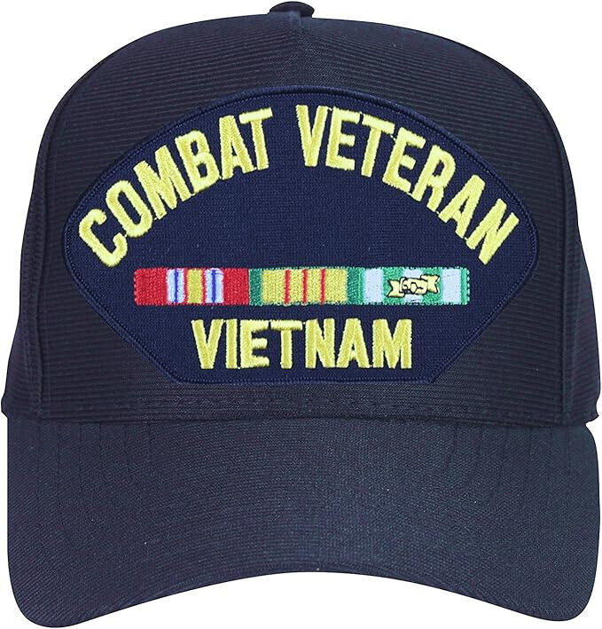 Combat Veteran Vietnam with Ribbons Baseball Cap. Made in USA. Navy Blue