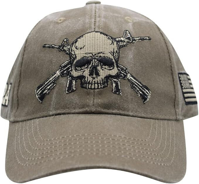 2nd Amendment Skull and Rifle Baseball Cap. Washed Khaki