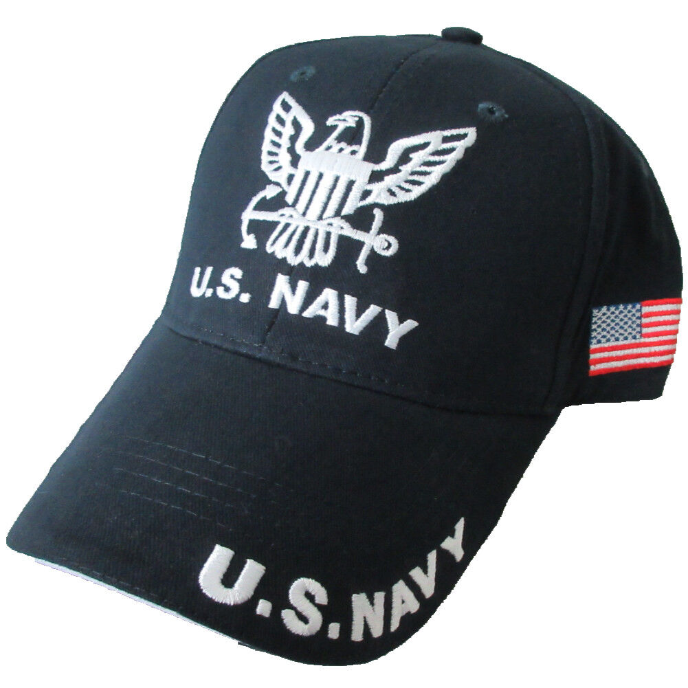 U.S. Navy with U.S. Flag on side Baseball cap hat. Navy Blue