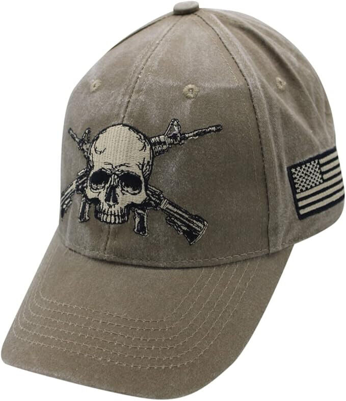 2nd Amendment Skull and Rifle Baseball Cap. Washed Khaki