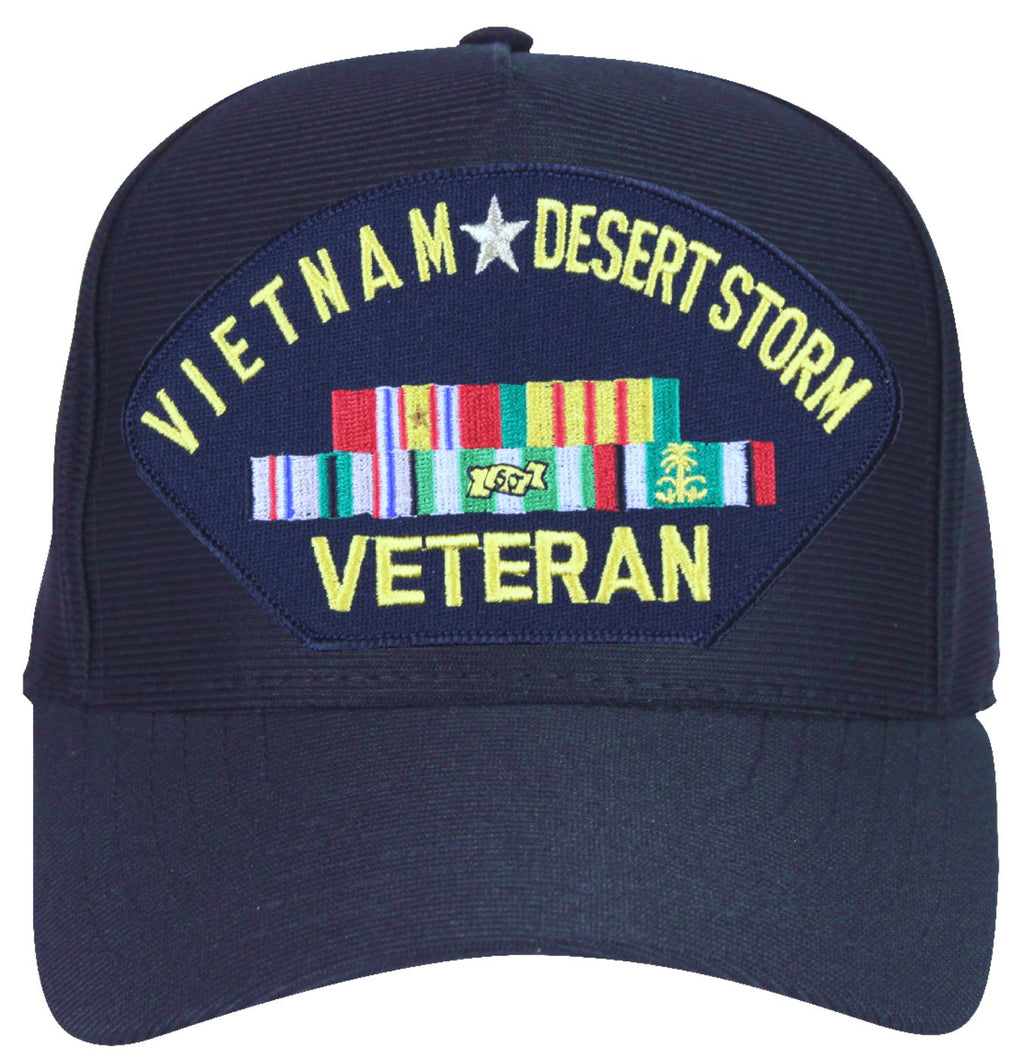 Vietnam Desert Storm Vet with Ribbons Baseball Cap. Made in USA. Navy Blue