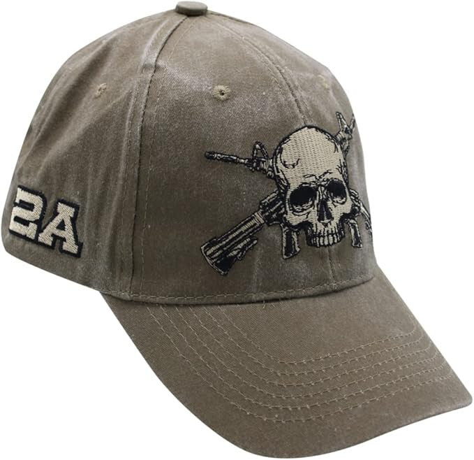 2nd Amendment Skull and Rifle Baseball Cap. Washed Khaki